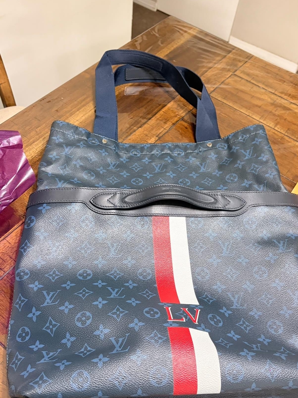 Louis Vuitton Navy Monogram Canvas Tote with Red & White Center Stripe